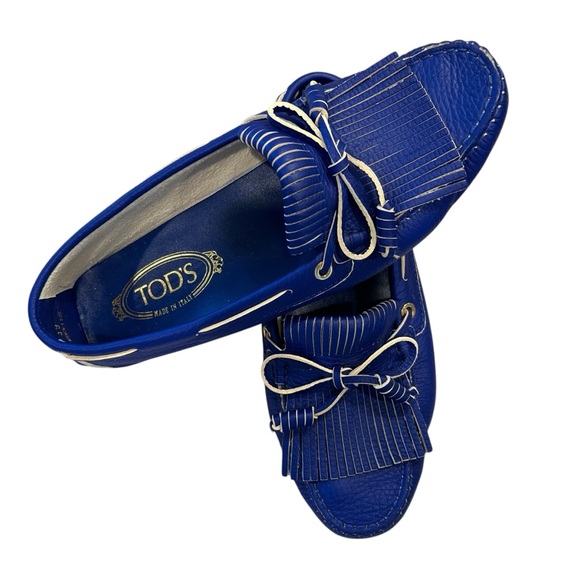 TOD'S Bubble Gommino Loafer Moccasin Italian Leather Fringe Blue Women's Size 39 - Picture 3 of 16